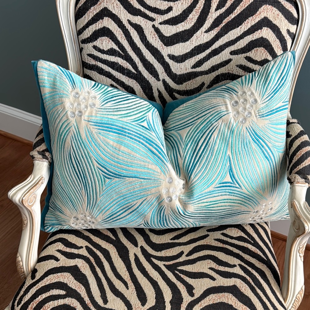 Elegant Velour Turquoise Floral Accent Pillow with silver accents